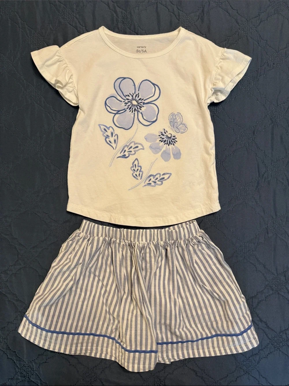 Carter's White Top with Blue Floral Print & Blue-Striped Skort Set